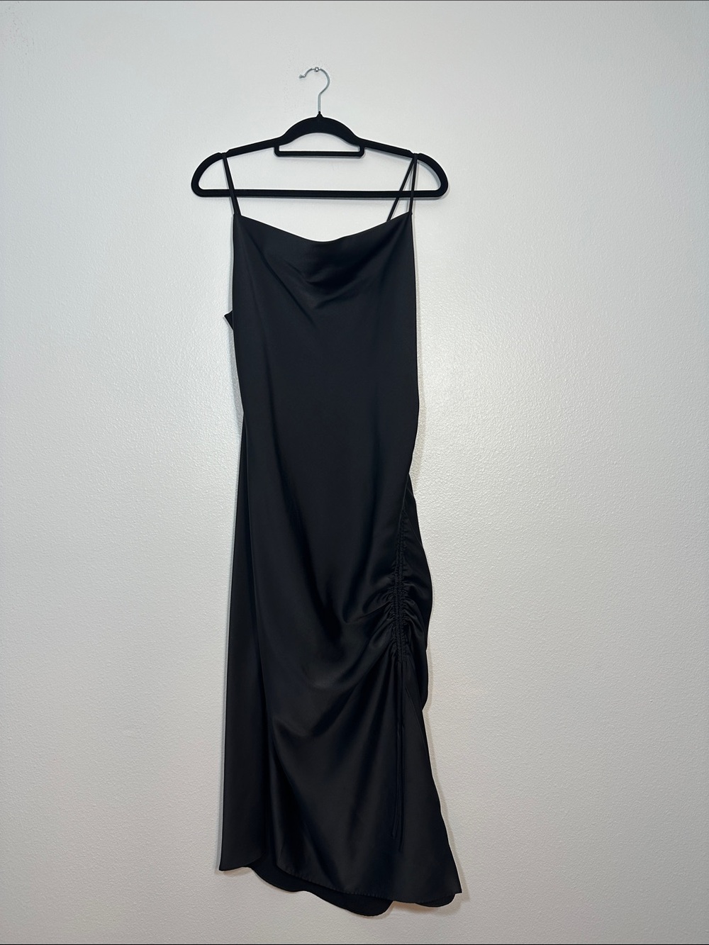 Zara Black Satin Midi Slip Dress with Side Ruching